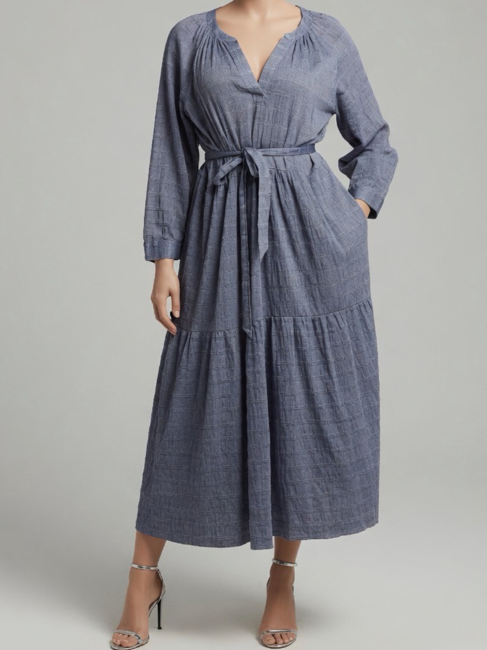 CUTE Félicité Relaxed Midi Dress in Dusty Blue with Waist Tie